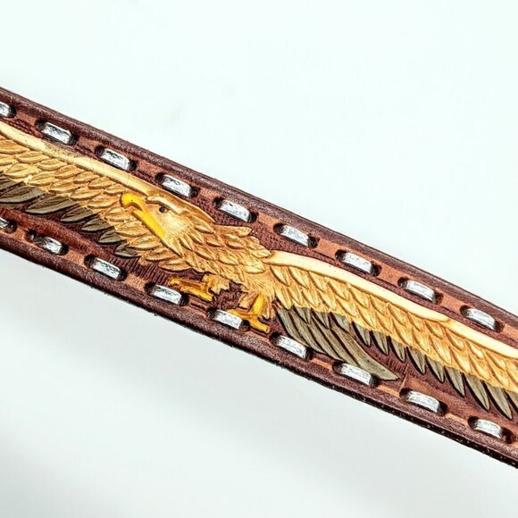 Mexican Silver Brown Hand-Tooled Painted Leather Belt - 36 - Picture 5 of 7